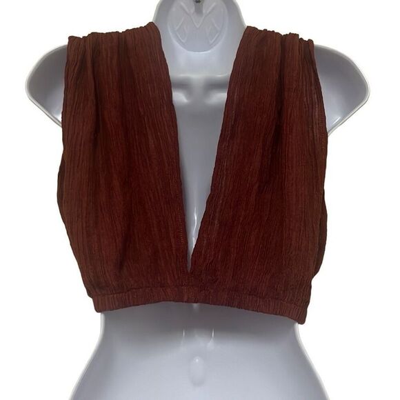 Savannah Morrow XS Kamala Crop Top Crinkled Silk Blend Deep V Neck Paprika Brown - Picture 4 of 8
